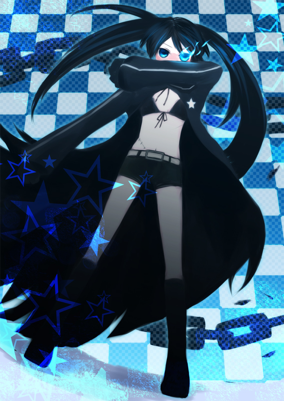 kanae tsukasa, black rock shooter (character), hatsune miku, black rock shooter, vocaloid, 10s, 1girl, black hair, blacku00e2u02dcu2026rock shooter, blue eyes, female focus, midriff, navel, scar, solo, twintails