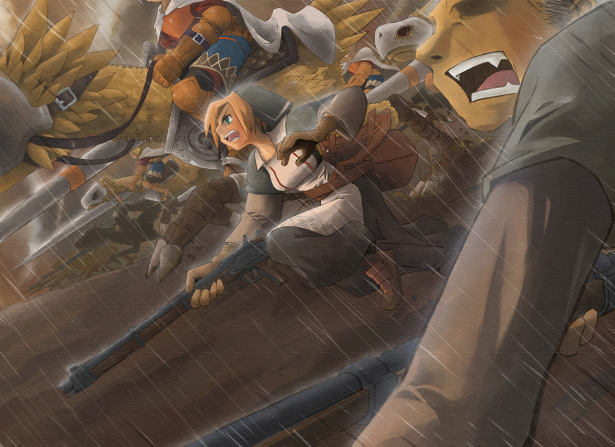 yunsuku, chemist (fft), chocobo, knight (fft), final fantasy, final fantasy tactics, 1girl, 4boys, armor, barding, brown hair, cape, charging forward, gloves, green eyes, gun, hat, knight, lance, multiple boys, polearm, rifle, short hair, spear, weapon