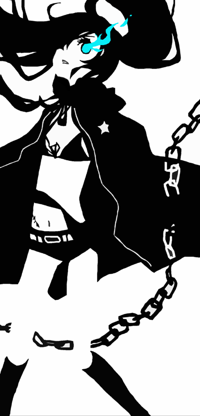 m-minato, black rock shooter (character), hatsune miku, black rock shooter, vocaloid, bad id, bad pixiv id, 10s, 1girl, black hair, blacku00e2u02dcu2026rock shooter, blue eyes, chain, female focus, midriff, monochrome, navel, solo, spot color, twintails