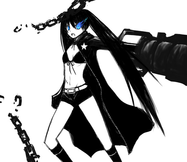 black rock shooter (character), hatsune miku, black rock shooter, vocaloid, bad id, bad pixiv id, 10s, 1girl, arm cannon, belt, black hair, blacku00e2u02dcu2026rock shooter, blue eyes, broken, broken chain, chain, coat, female focus, long coat, midriff, monochrome, navel, open clothes, open coat, scar, shorts, solo, spot color, twintails, weapon