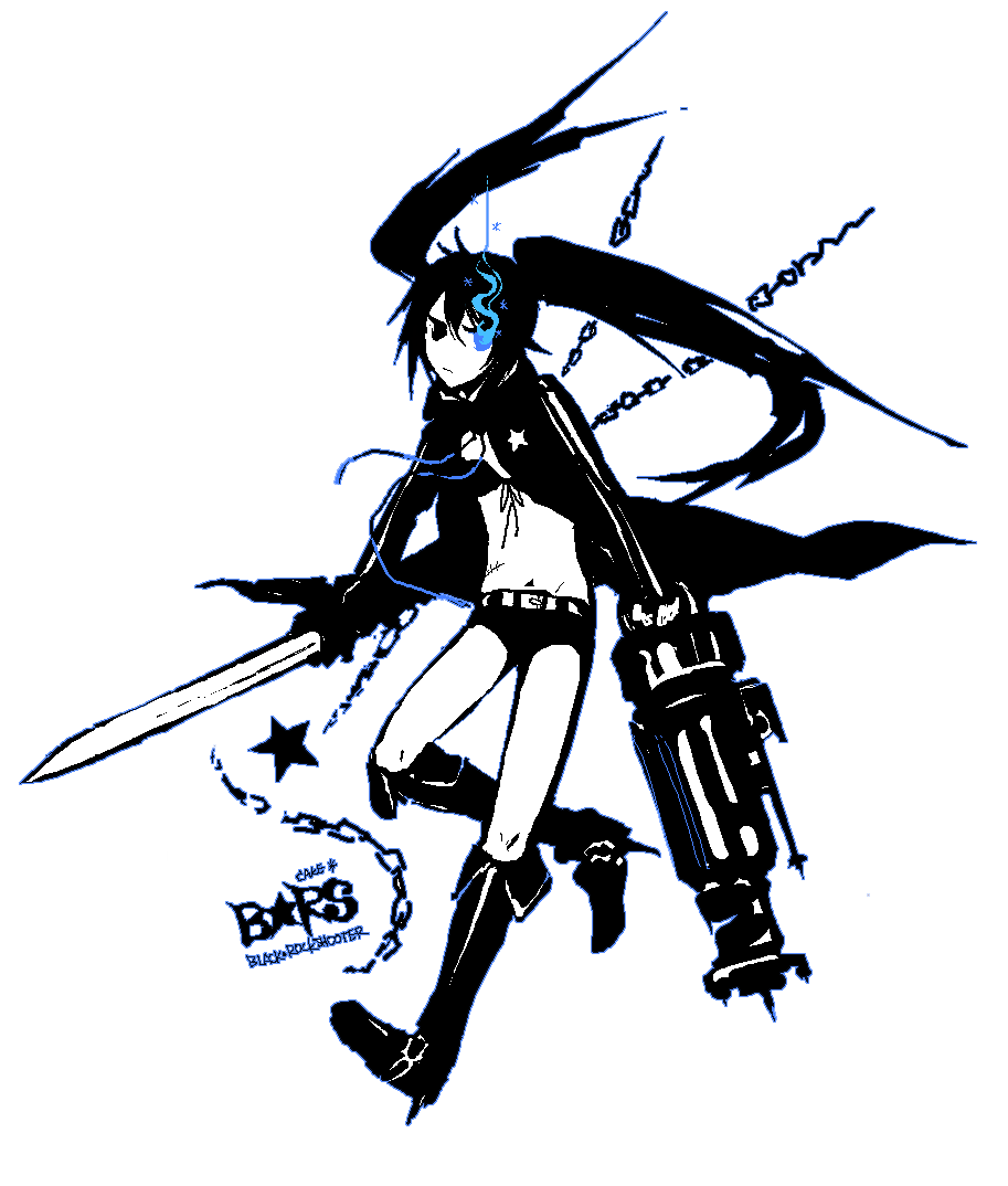 cake (dangaonuo), cake (pixiv), black rock shooter (character), hatsune miku, black rock shooter, vocaloid, bad id, bad pixiv id, 10s, 1girl, arm cannon, black hair, blacku00e2u02dcu2026rock shooter, chain, female focus, midriff, navel, scar, solo, sword, twintails, weapon