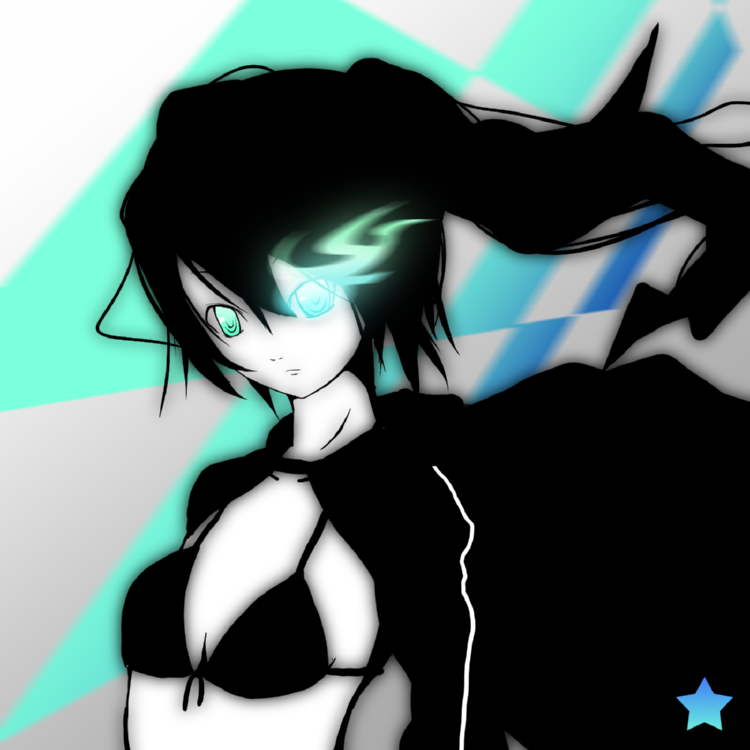 fog (pixiv), fugu (artist), hetarefog, black rock shooter (character), hatsune miku, black rock shooter, vocaloid, 10s, 1girl, black hair, blacku00e2u02dcu2026rock shooter, female focus, green eyes, midriff, solo, twintails