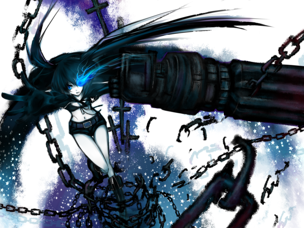 tehu, black rock shooter (character), hatsune miku, black rock shooter, vocaloid, bad id, bad pixiv id, 10s, 1girl, arm cannon, belt, blackâ˜…rock shooter, black hair, blue eyes, boots, broken, broken chain, chain, cross, female focus, jacket, latin cross, long coat, midriff, navel, open clothes, open jacket, scar, shorts, solo, star (sky), stitches, twintails, weapon