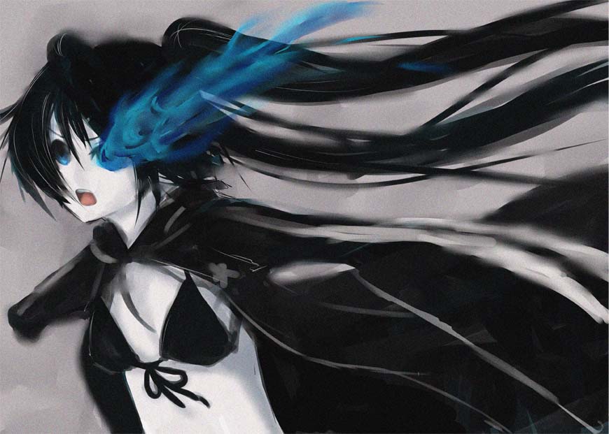 takarai mitsu, black rock shooter (character), hatsune miku, black rock shooter, vocaloid, 10s, 1girl, bad anatomy, black hair, blacku00e2u02dcu2026rock shooter, blue eyes, female focus, midriff, navel, solo, twintails