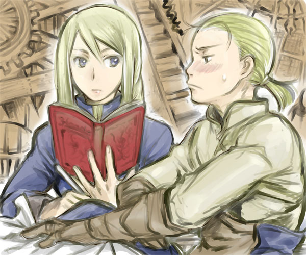 rakuto mangan, agrias oaks, mustadio bunansa, final fantasy, final fantasy tactics, bad id, bad pixiv id, blonde hair, blue eyes, blush, book, ponytail