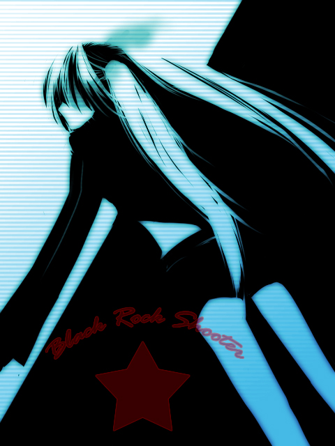 gin (pixiv45626), black rock shooter (character), hatsune miku, black rock shooter, vocaloid, 10s, 1girl, blacku00e2u02dcu2026rock shooter, blue theme, female focus, from behind, jacket, long hair, long sleeves, monochrome, shorts, solo, standing, twintails, very long hair