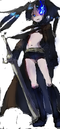 kotetsu (pixiv), raku, black rock shooter (character), hatsune miku, black rock shooter, vocaloid, bad id, bad pixiv id, lowres, 10s, 1girl, blackâ˜…rock shooter, black hair, blue eyes, female focus, midriff, navel, solo, sword, twintails, weapon