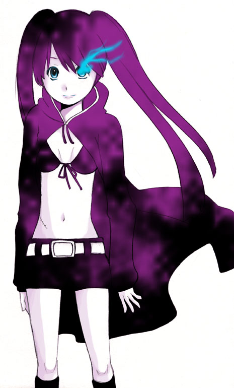 yoiko, black rock shooter (character), hatsune miku, black rock shooter, vocaloid, 10s, 1girl, blackâ˜…rock shooter, black hair, blue eyes, female focus, midriff, monochrome, navel, scar, simple background, solo, spot color, twintails