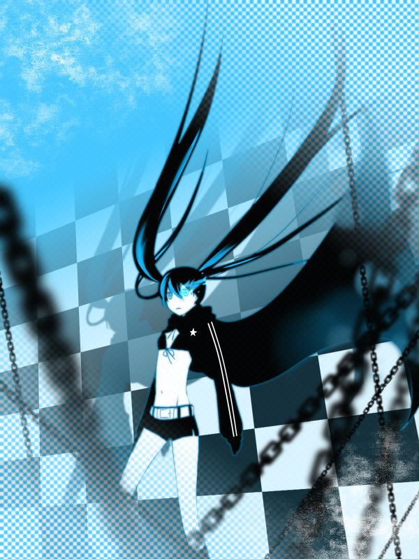 hk, black rock shooter (character), hatsune miku, black rock shooter, vocaloid, bad id, bad pixiv id, 10s, 1girl, blackâ˜…rock shooter, black hair, blue eyes, chain, female focus, midriff, monochrome, navel, solo, twintails