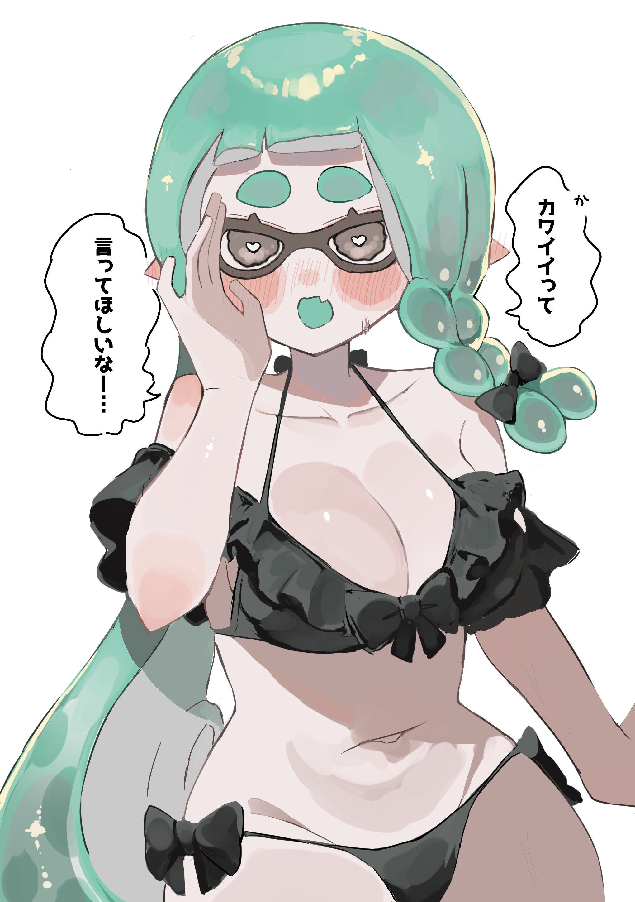 smchan hll, inkling girl, inkling player character, nintendo, splatoon (series), absurdres, highres, translation request, 1girl, bikini, black bikini, black eyes, blush, bow, bow bikini, braid, breasts, cleavage, heart, heart-shaped pupils, inkling, large breasts, long hair, navel, pointy ears, side-tie bikini bottom, simple background, solo, solo focus, speech bubble, swimsuit, symbol-shaped pupils, tentacle hair, thighs, white background