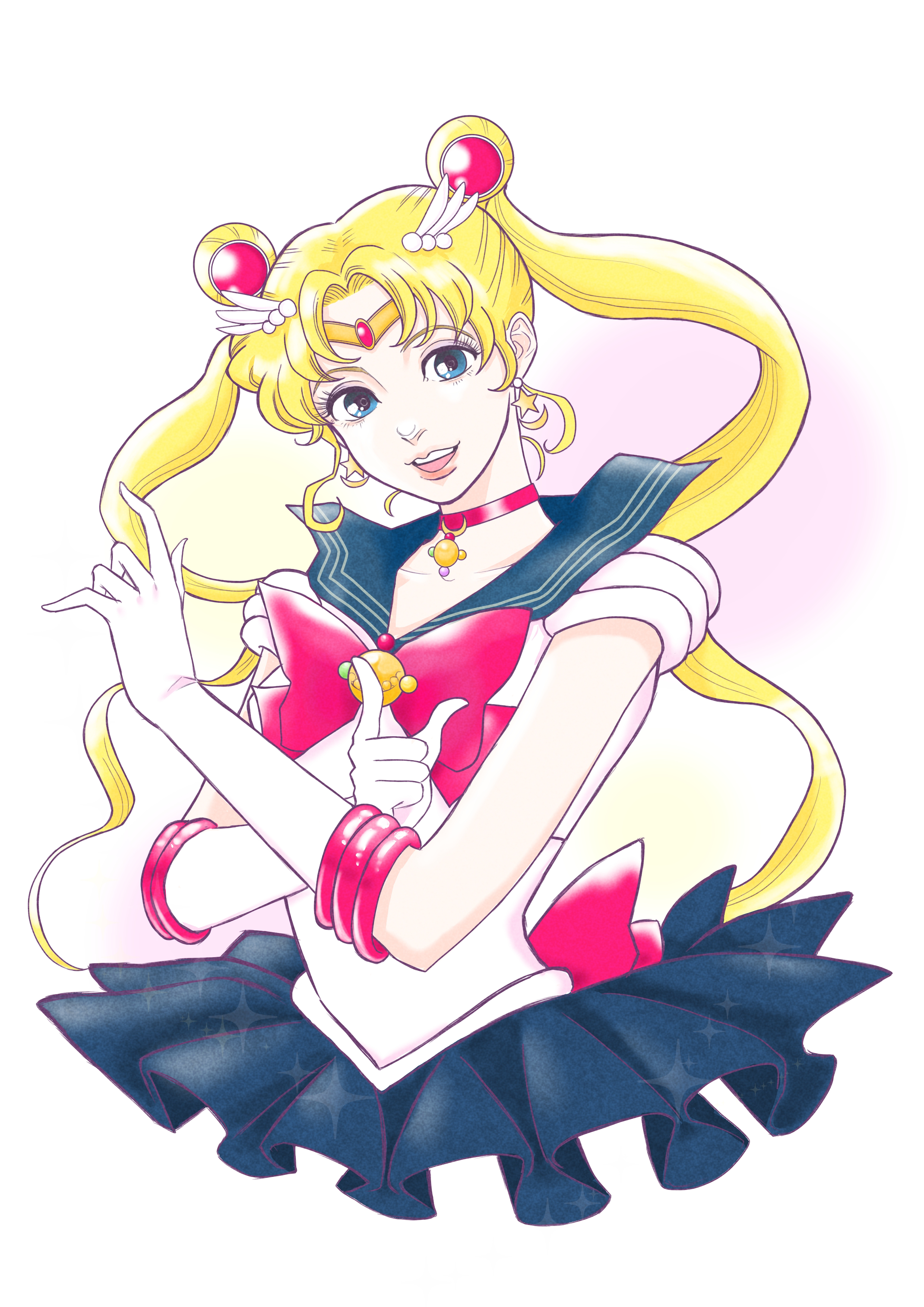 wheather, sailor moon, super sailor moon, tsukino usagi, bishoujo senshi sailor moon, absurdres, highres, 1girl, blonde hair, blue eyes, blue sailor collar, bow, choker, crescent, crescent choker, crescent earrings, double bun, earrings, gloves, hair bun, hair ornament, heart, heart choker, jewelry, lips, long hair, looking at viewer, pointing, pointing at viewer, pointing up, red bow, red choker, sailor collar, sailor moon pose, sailor senshi uniform, smile, solo, star (symbol), star earrings, transformation brooch (sailor moon), twintails, very long hair