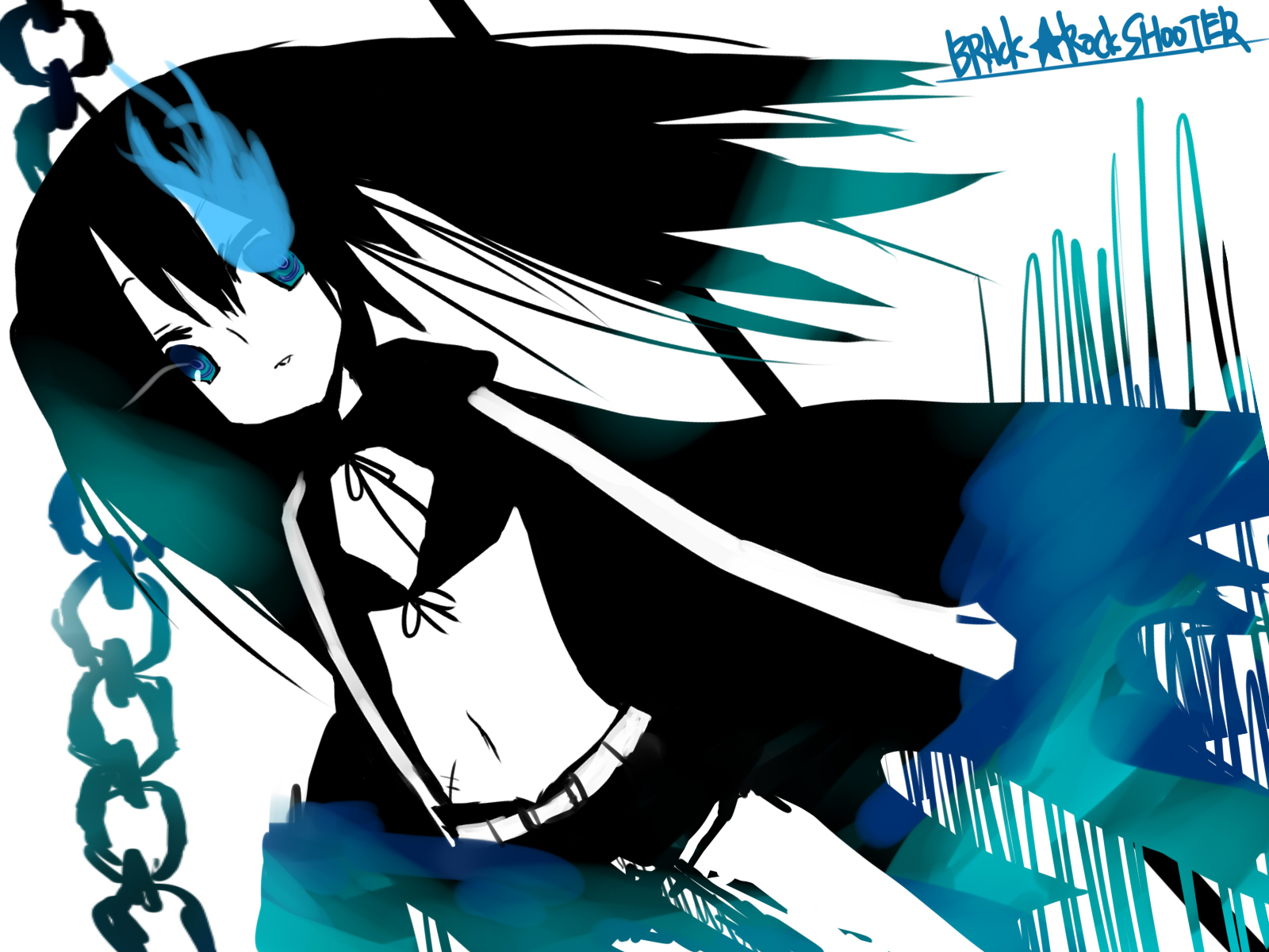 ohtsuki ichiru, ootsuki ichiru, black rock shooter (character), hatsune miku, black rock shooter, vocaloid, bad id, bad pixiv id, highres, 10s, 1girl, black hair, blacku00e2u02dcu2026rock shooter, blue eyes, chain, female focus, midriff, navel, scar, solo, twintails