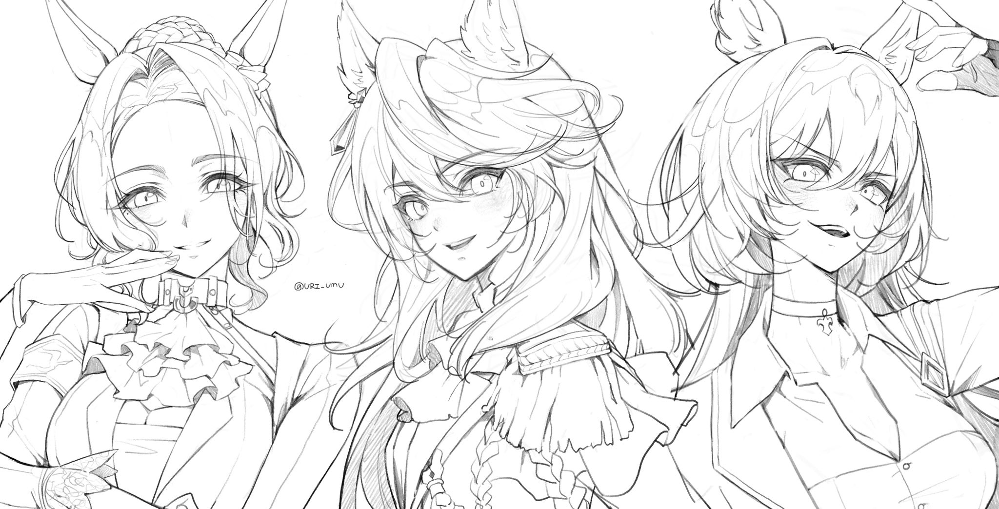 mejiro ramonu (umamusume), sirius symboli (umamusume), symboli rudolf (umamusume), umamusume, highres, 3girls, animal ears, ascot, bow, breasts, choker, collarbone, ear bow, ear ornament, earrings, horse ears, horse girl, jewelry, looking at viewer, monochrome, multicolored hair, multiple girls, open mouth, single earring, smile, streaked hair, uri umu