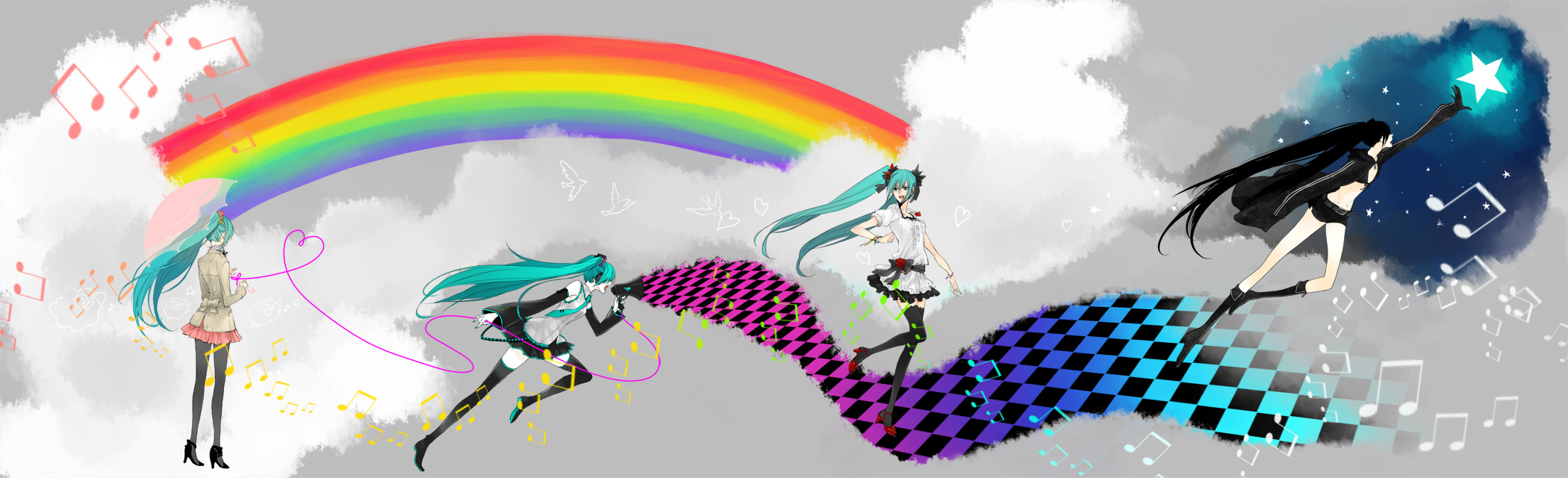 katase waka, black rock shooter (character), hatsune miku, black rock shooter, koi wa sensou (vocaloid), melt (vocaloid), vocaloid, world is mine (vocaloid), highres, long image, wide image, 10s, 4girls, beamed quavers, black hair, blacku00e2u02dcu2026rock shooter, casual, creator connection, green hair, heart, heart of string, midriff, multiple girls, musical note, navel, rainbow, songover, star (symbol), thighhighs, twintails, umbrella