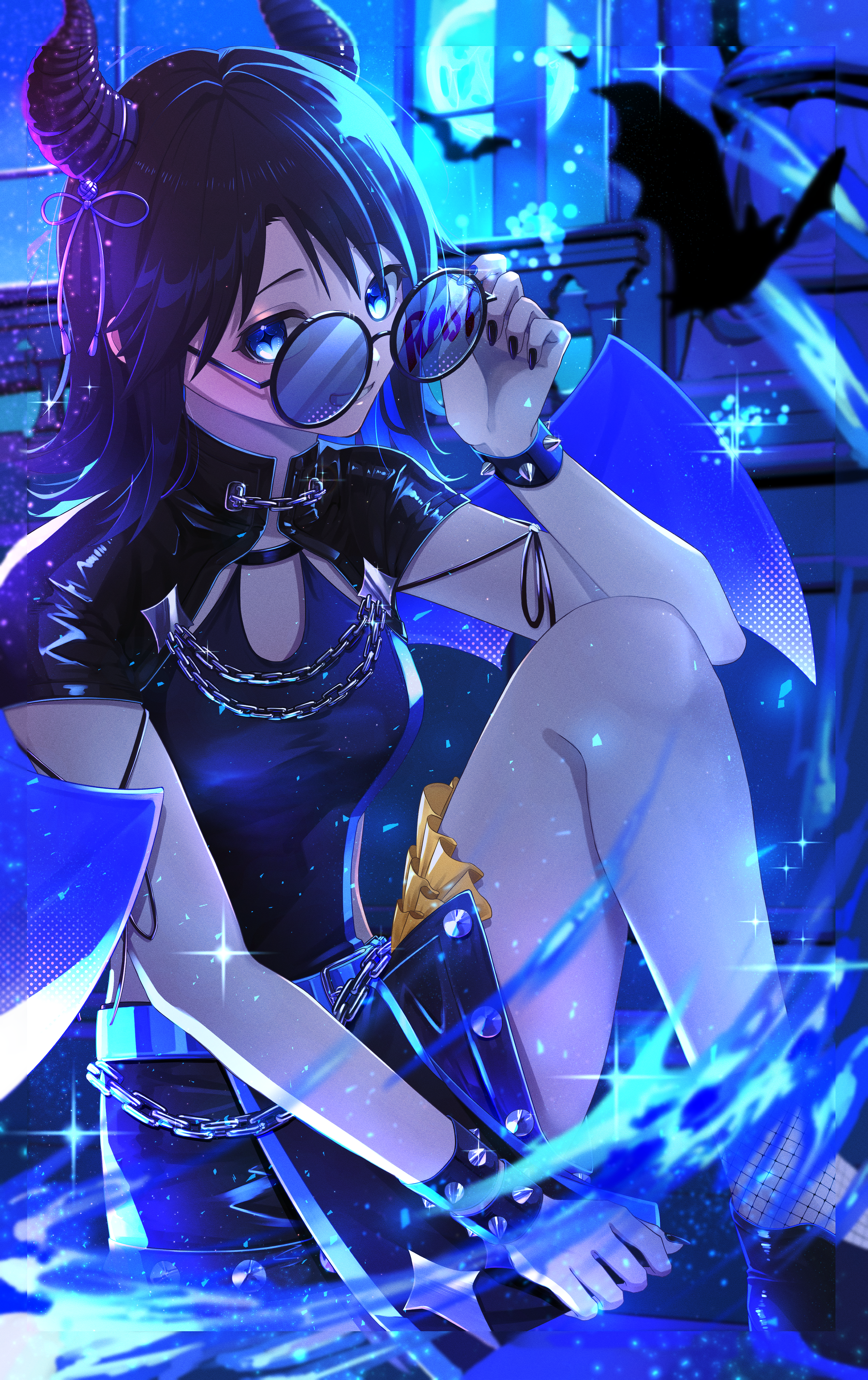 mitsumine yuika, idolmaster, idolmaster shiny colors, absurdres, highres, + +, 1girl, adjusting eyewear, bat (animal), black hair, black nails, black shirt, black skirt, blue eyes, blue fire, blue wings, blurry, blurry background, bracelet, breasts, chain, covering crotch, covering privates, demon horns, fire, fishnet socks, fishnets, horns, jewelry, miniskirt, moon, official alternate costume, official alternate hairstyle, rm56, round eyewear, shirt, signature, skirt, small breasts, smile, socks, solo, spiked bracelet, spikes, wings
