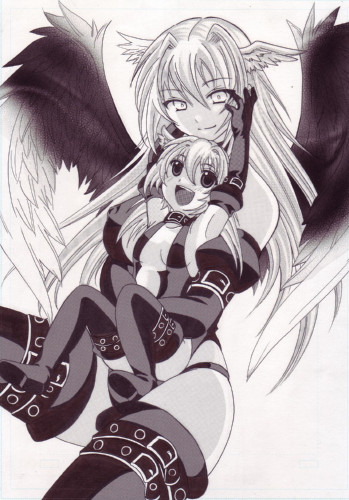 hal (goshujinomocha), hal (haruna), ultima (fft), final fantasy, final fantasy tactics, lowres, 1girl, breasts, chibi, cleavage, elbow gloves, gloves, greyscale, head wings, hug, long hair, monochrome, small breasts, thighhighs, time paradox, wings