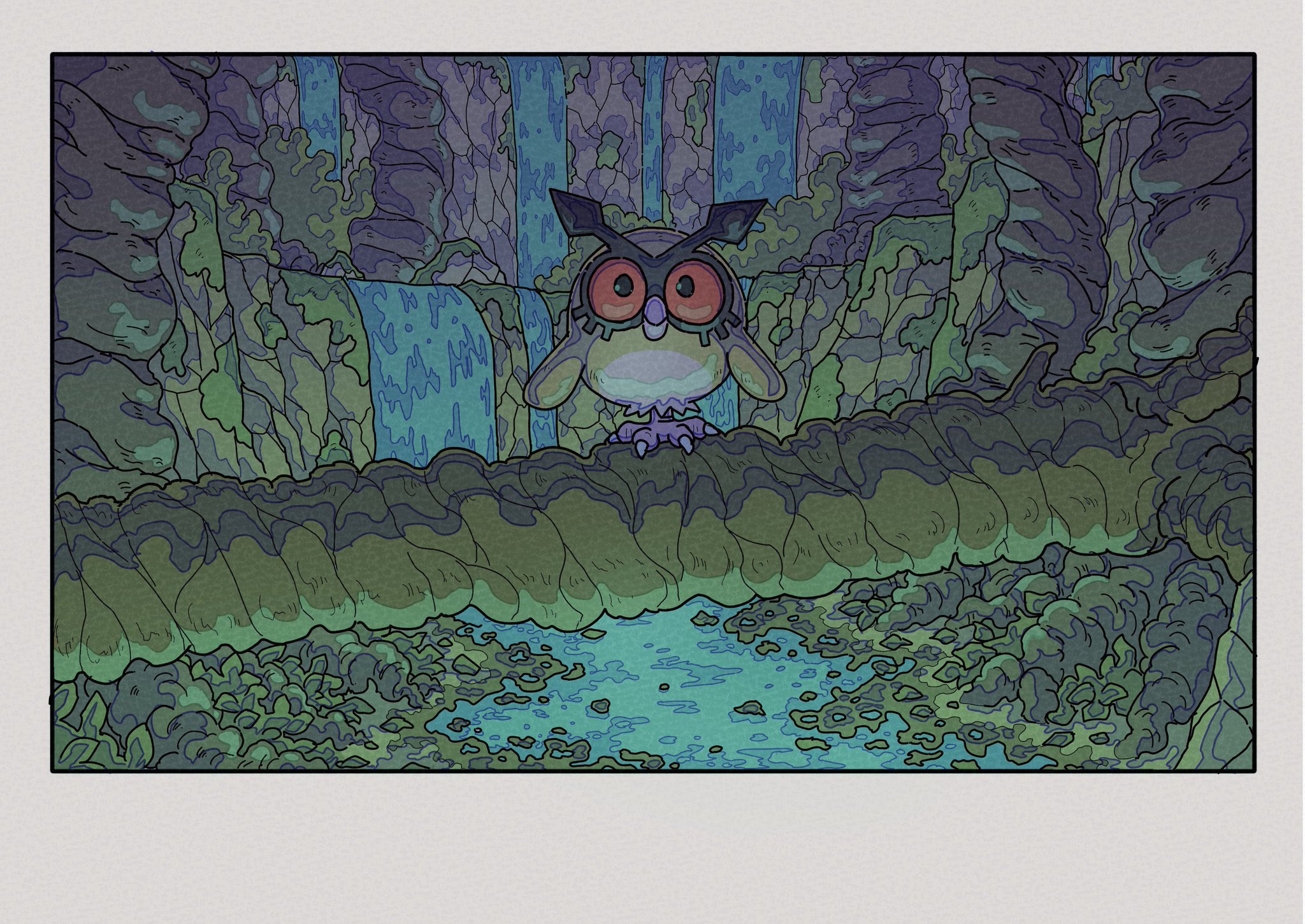 onamuzi illust, hoothoot, nintendo, pokemon, highres, animal focus, bird, black eyes, closed mouth, colored sclera, gen 2 pokemon, looking at viewer, night, no humans, outdoors, owl, pokemon (creature), pokemon focus, red eyes, red sclera, water, waterfall