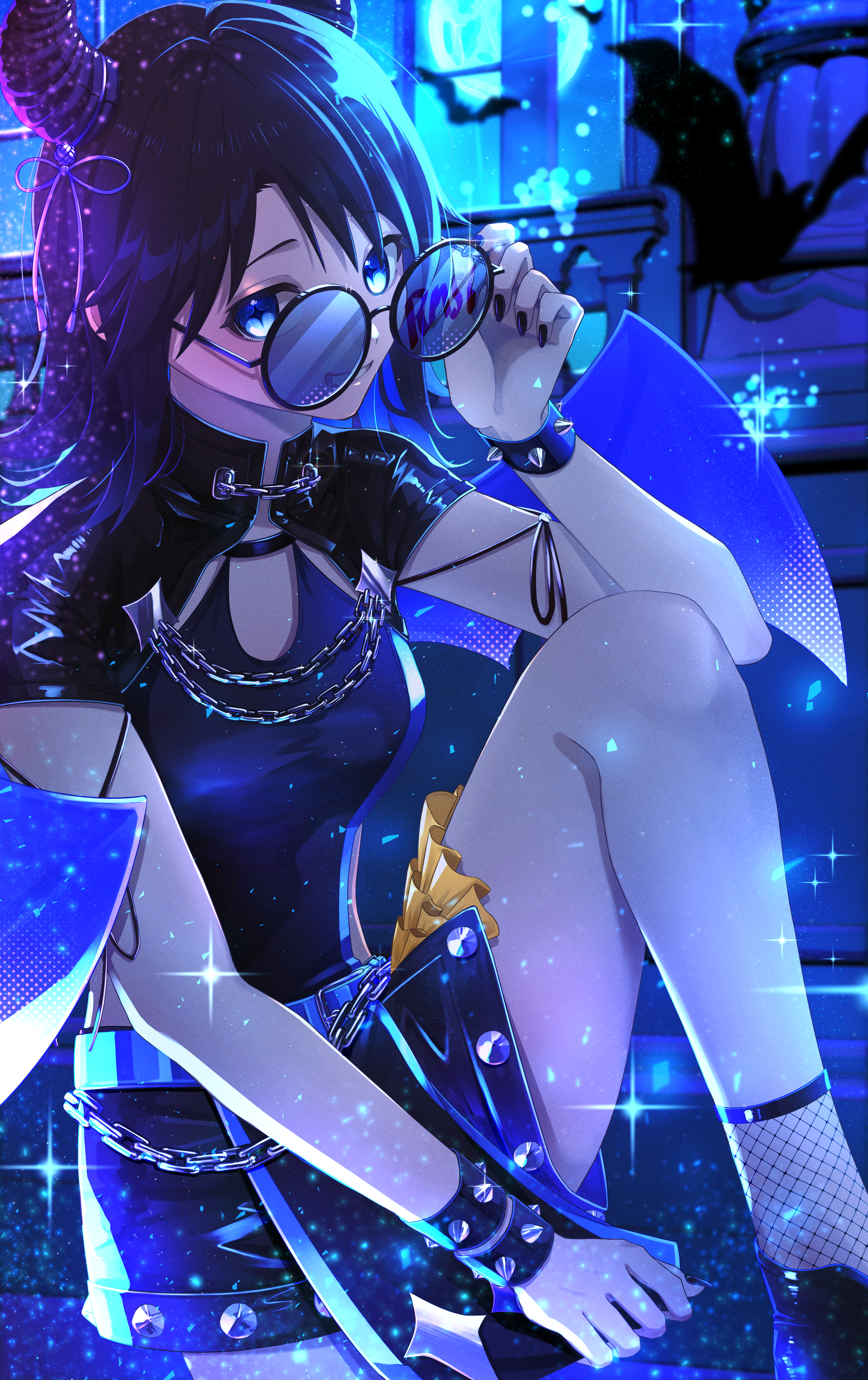 mitsumine yuika, idolmaster, idolmaster shiny colors, absurdres, highres, + +, 1girl, adjusting eyewear, bat (animal), black hair, black nails, black shirt, black skirt, blue eyes, blue wings, blurry, blurry background, bracelet, breasts, chain, covering crotch, covering privates, demon horns, fishnet socks, fishnets, horns, jewelry, miniskirt, moon, official alternate costume, official alternate hairstyle, rm56, round eyewear, shirt, signature, skirt, small breasts, smile, socks, solo, spiked bracelet, spikes, wings
