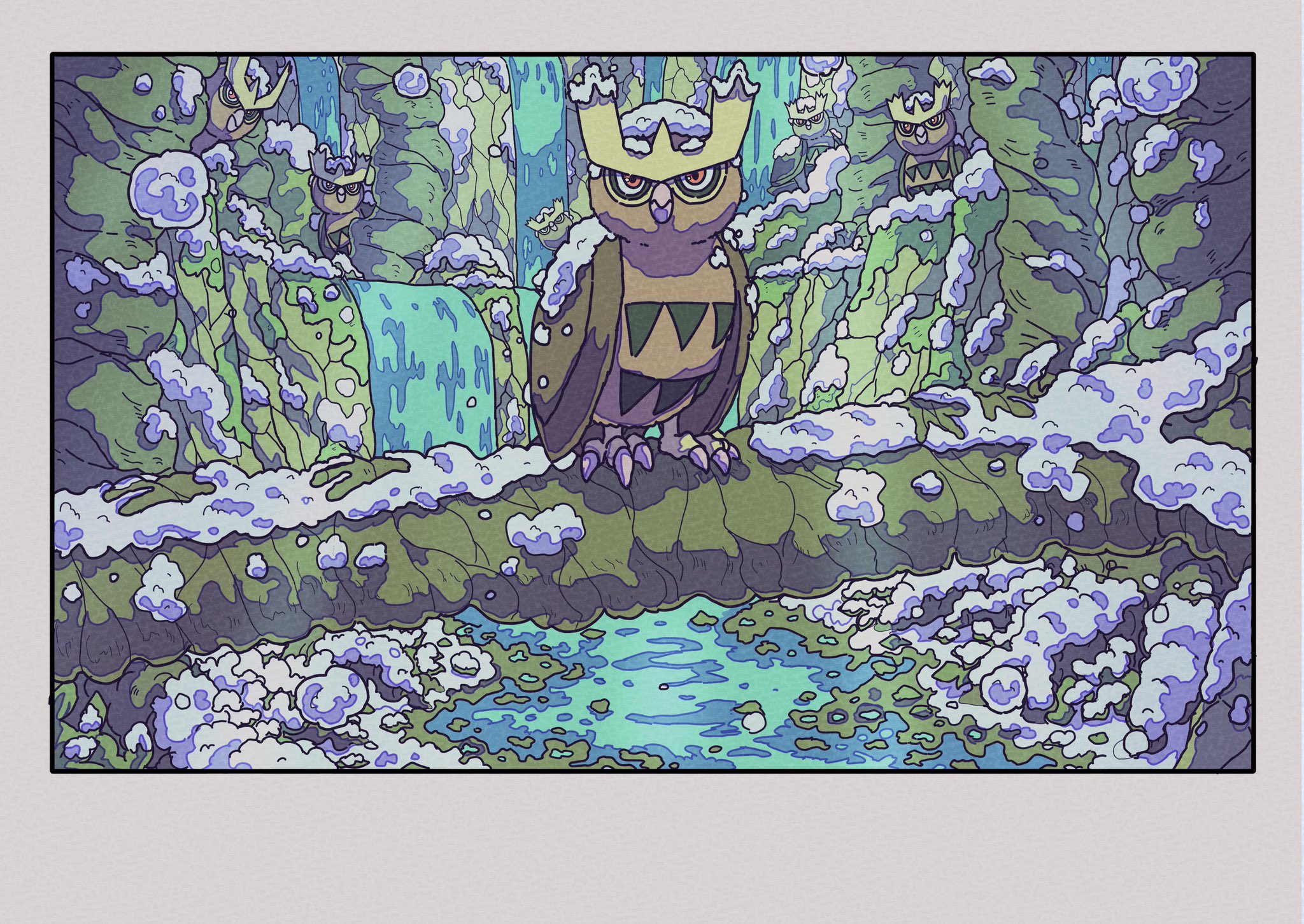 onamuzi illust, noctowl, nintendo, pokemon, highres, animal focus, beak, bird, closed mouth, gen 2 pokemon, looking at viewer, no humans, outdoors, owl, pokemon (creature), pokemon focus, red eyes, snow, water, waterfall