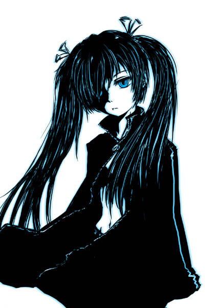 kuro ringo, black rock shooter (character), hatsune miku, black rock shooter, vocaloid, bad id, bad pixiv id, 10s, 1girl, black hair, blacku00e2u02dcu2026rock shooter, blue eyes, female focus, midriff, monochrome, navel, simple background, solo, twintails