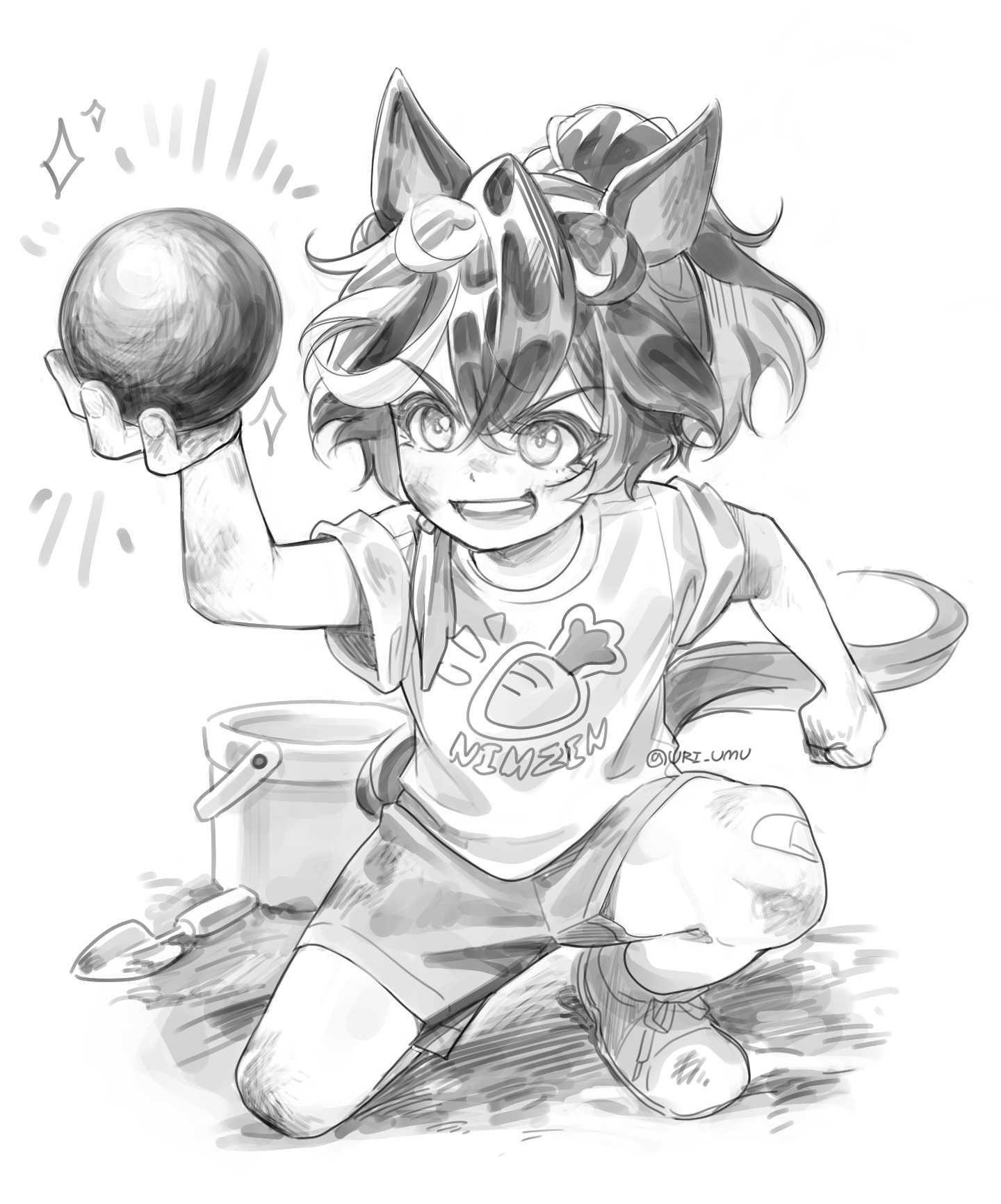 katsuragi ace (umamusume), umamusume, highres, aged down, animal ears, ball, bandaid, bandaid on leg, bucket, dirty, dirty face, holding, holding ball, horse ears, horse girl, horse tail, monochrome, ponytail, shirt, shoes, short hair, smile, tail, uri umu