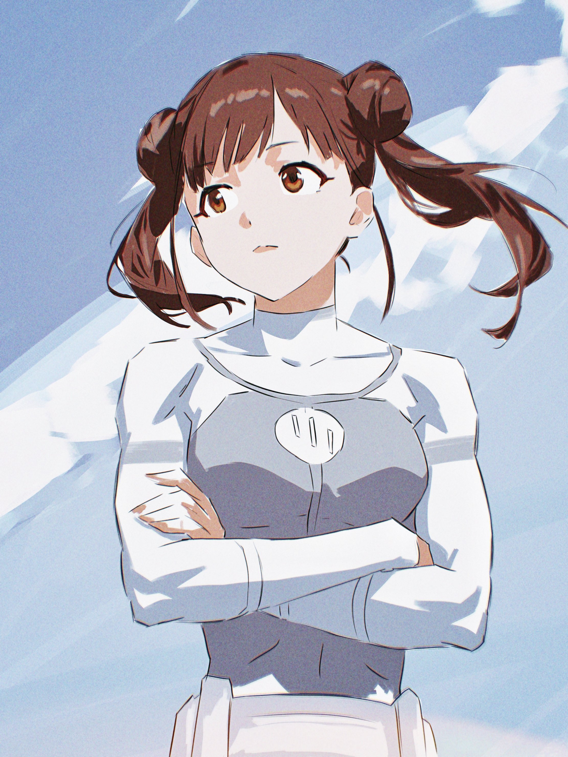 cobwvmeti, sonoda chiyoko, idolmaster, idolmaster shiny colors, invincible (series), absurdres, commentary request, highres, 1girl, bodysuit, breasts, brown eyes, brown hair, closed mouth, cosplay, crossed arms, day, double bun, grey bodysuit, hair bun, looking to the side, outdoors, solo, twintails