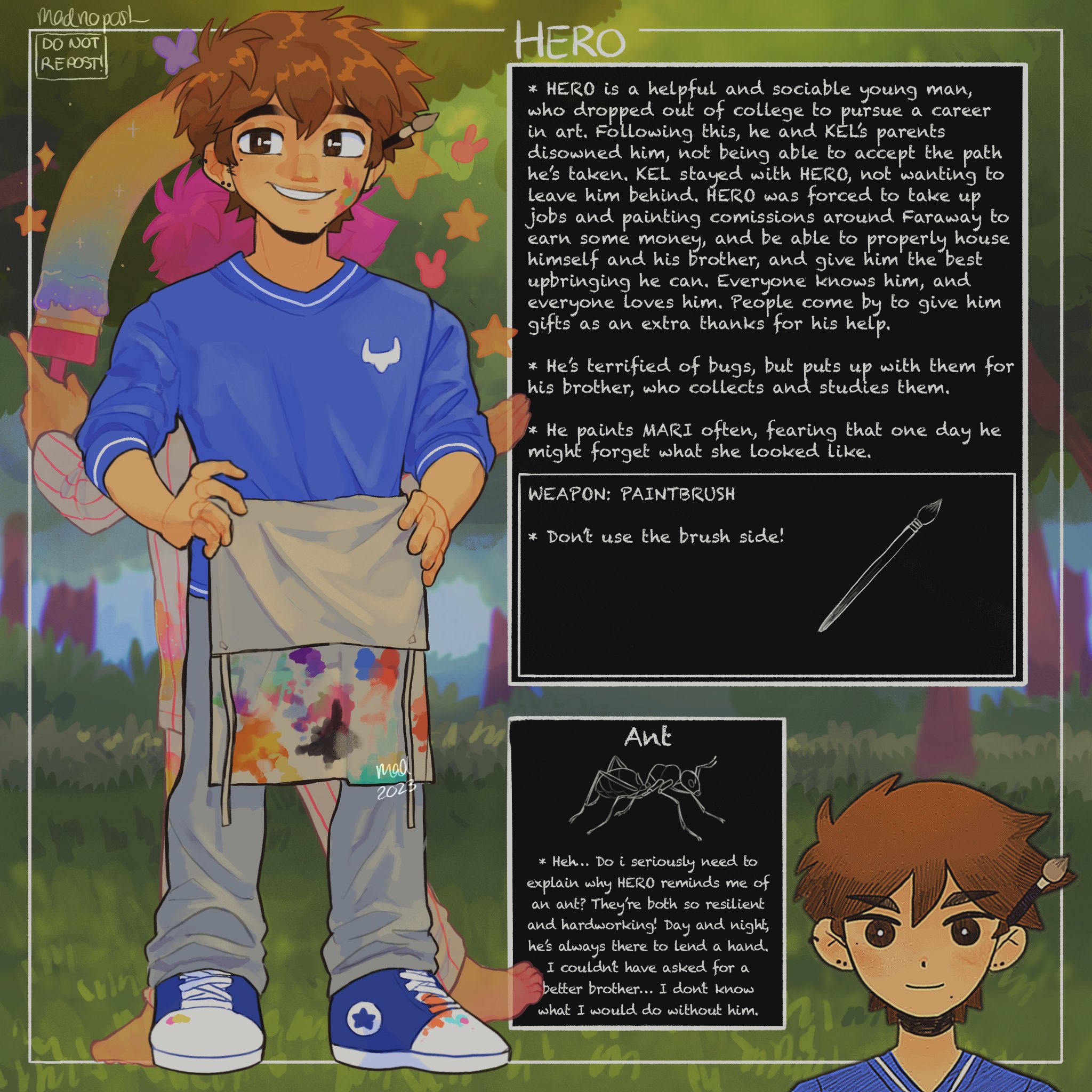 madnopost, hero (faraway) (omori), hero (headspace) (omori), hero (omori), omori, highres, 2023, 2boys, alternate costume, alternate universe, antenna hair, apron, artist name, barefoot, black eyes, blue shoes, bright pupils, brown hair, character name, closed mouth, double-parted bangs, dual persona, ear piercing, english text, full body, grey apron, grey pants, grin, hair between eyes, hands on own hips, holding, holding paintbrush, male focus, multiple boys, omocat (style), paint on clothes, paintbrush, pants, parted lips, piercing, pink hair, shoes, short hair, smile, sneakers, teeth, white pupils