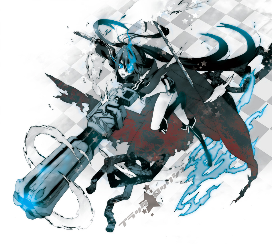 sena (mineruba), sena (pixiv), black rock shooter (character), black rock shooter, 10s, 1girl, action, arm cannon, black hair, blacku00e2u02dcu2026rock shooter, blue eyes, boots, broken, broken chain, chain, checkered floor, cloak, female focus, gun, katana, long coat, long hair, midriff, shorts, solo, sword, twintails, weapon