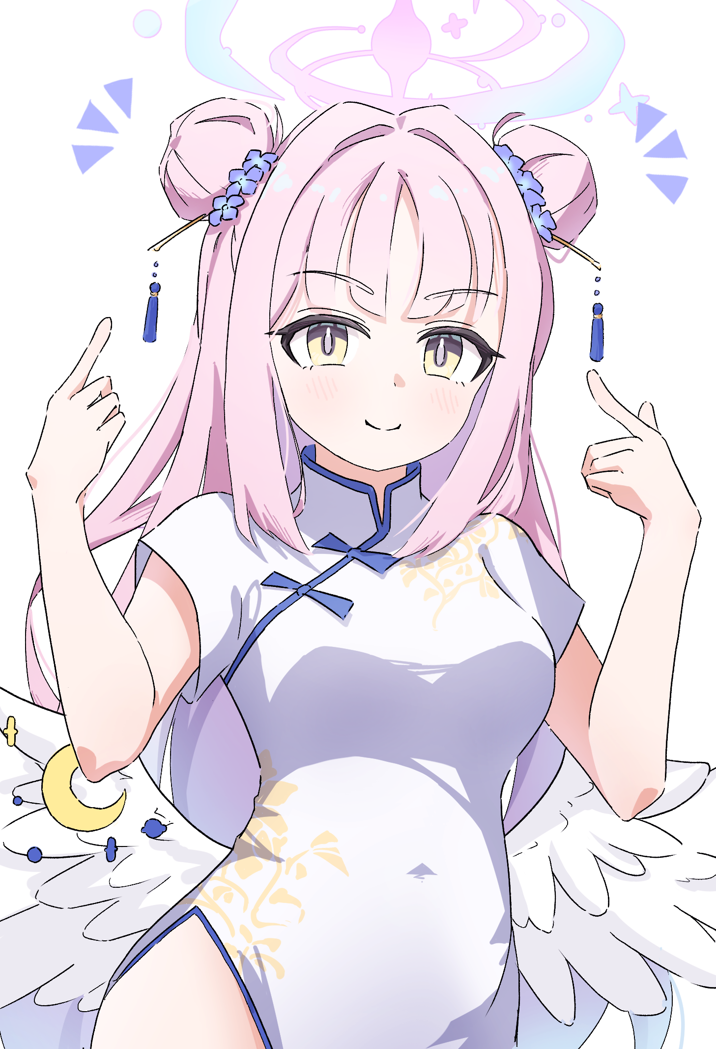 ninji665102, mika (blue archive), blue archive, commentary, highres, 1girl, alternate costume, angel wings, blue flower, blue hair, blue trim, blush, breasts, bright pupils, china dress, chinese clothes, closed mouth, double bun, doyagao, dress, feathered wings, floral print, flower, gradient hair, hair bun, hair flower, hair intakes, hair ornament, halo, hands up, index finger raised, long hair, looking at viewer, low wings, medium breasts, multicolored hair, notice lines, pink hair, pink halo, pointing, pointing at self, print dress, shanghai neckline, short sleeves, side slit, simple background, smile, smug, solo, split mouth, two-tone hair, upper body, very long hair, white background, white dress, white pupils, white wings, wing ornament, wings, yellow eyes