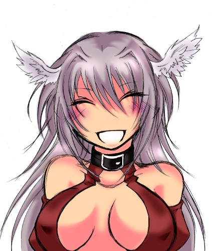 hal (goshujinomocha), hal (haruna), ultima (fft), final fantasy, final fantasy tactics, silver hair, lowres, 1girl, bare shoulders, blush, breasts, cleavage, closed eyes, covered erect nipples, elbow gloves, female focus, gloves, head wings, long hair, smile, solo, wings