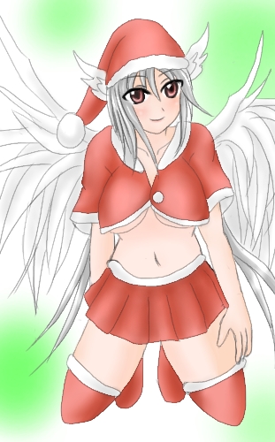 izayoi (noangel), sixteenth night, ultima (fft), final fantasy, final fantasy tactics, silver hair, bad id, bad pixiv id, lowres, 1girl, blush, breasts, christmas, female focus, full body, gradient background, hat, head wings, long hair, medium breasts, midriff, red eyes, santa costume, santa hat, skirt, solo, thighhighs, underboob, wings, zettai ryouiki