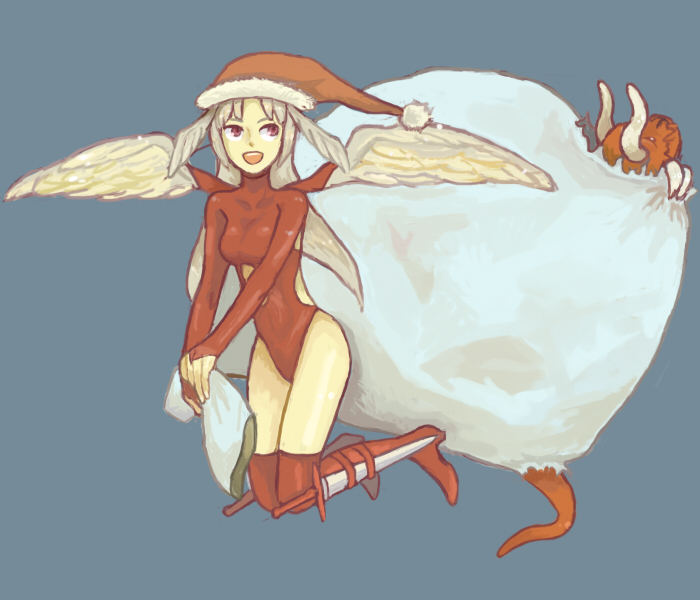 100000 (artist), ultima (fft), final fantasy, final fantasy tactics, silver hair, bad id, bad pixiv id, 1girl, bag, christmas, demon, demon girl, hat, head wings, leotard, red eyes, red leotard, sack, santa costume, santa hat, sword, tail, thighhighs, weapon, wings