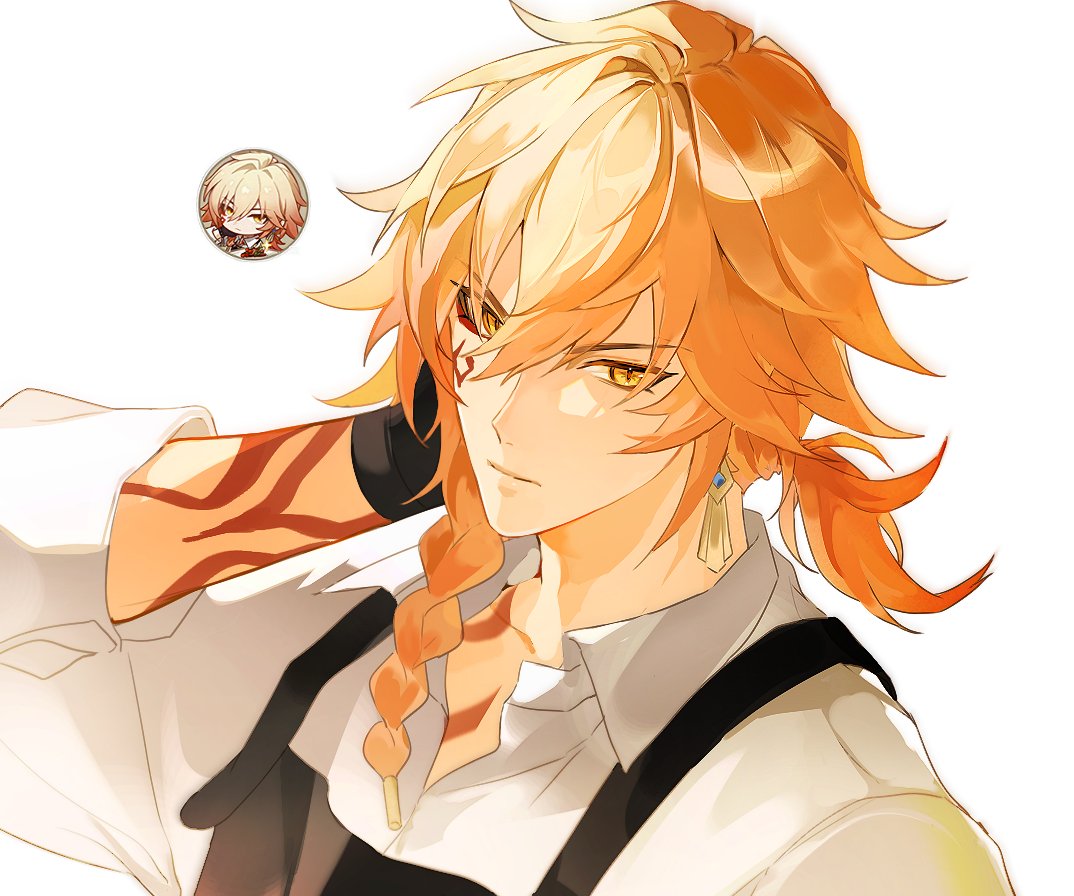 hush (xoxo hush), mydei (honkai: star rail), honkai: star rail, honkai (series), commentary, hashtag-only commentary, 1boy, alternate costume, apron, arm behind head, arm tattoo, black apron, blonde hair, braid, closed mouth, collared shirt, earrings, facial tattoo, gradient hair, hair between eyes, jewelry, male focus, medium hair, multicolored hair, red hair, red tattoo, shirt, side braid, simple background, solo, tattoo, upper body, white background, white shirt, yellow eyes