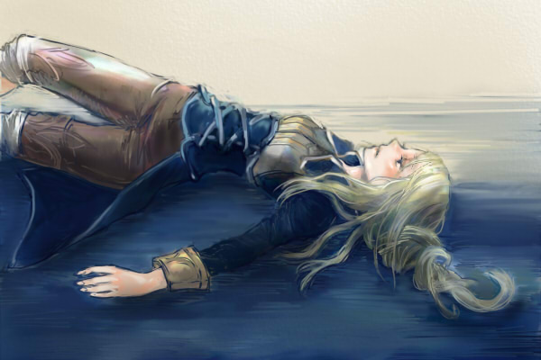 kno, kno (anahita), agrias oaks, final fantasy, final fantasy tactics, bad id, bad pixiv id, 1girl, armor, blonde hair, female focus, knight, leggings, long hair, lying, pants, solo