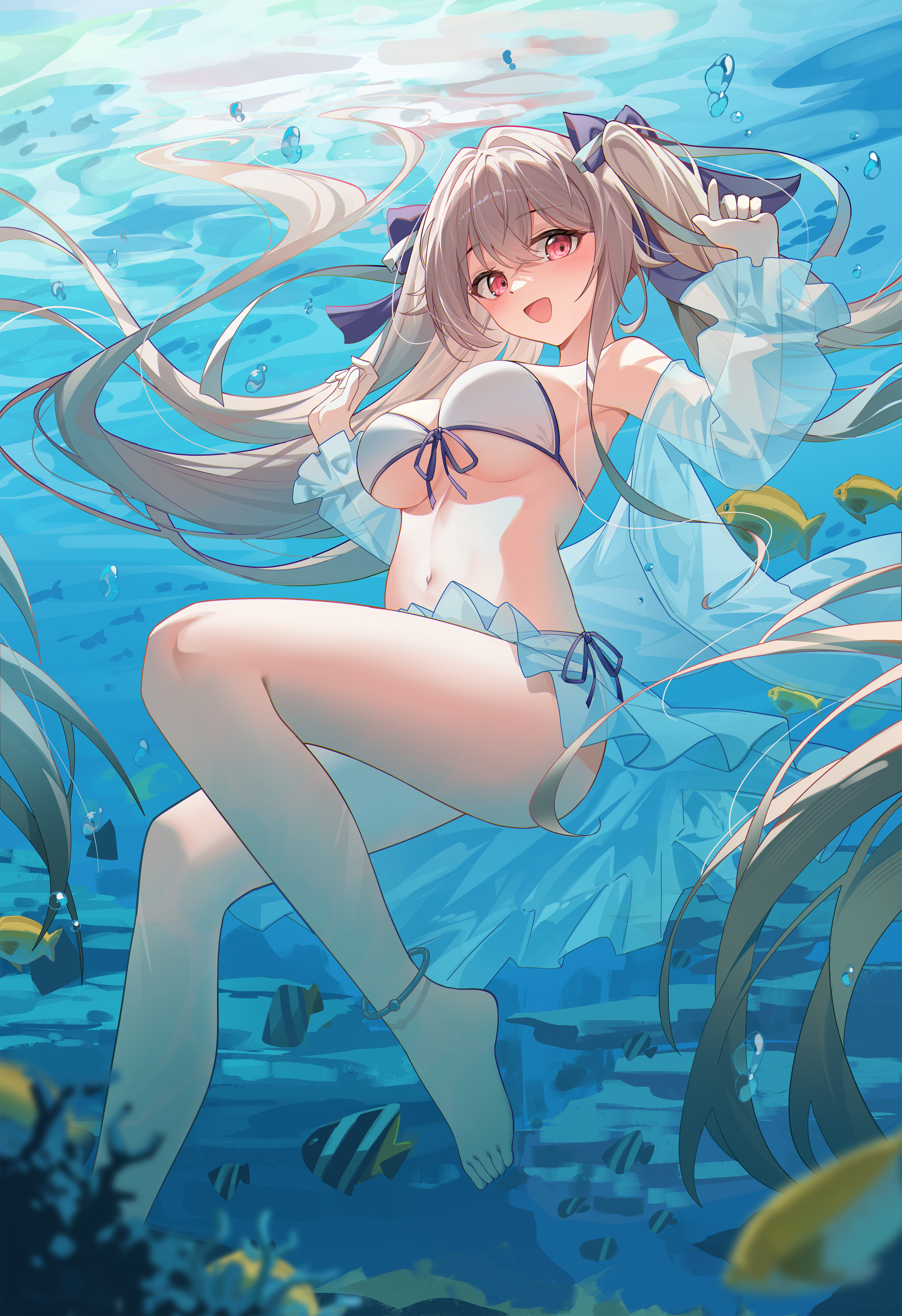 laosi j, anchorage (azur lane), anchorage (dolphins and swim lessons) (azur lane), azur lane, absurdres, commentary, highres, 1girl, air bubble, anklet, armpit crease, bare shoulders, bikini, blush, breasts, brown hair, bubble, cleavage, coral, crossed bangs, feet, fish, floating hair, front-tie bikini top, front-tie top, hair between eyes, hair intakes, hair ribbon, hands up, jewelry, large breasts, legs, long hair, long sleeves, looking at viewer, navel, ocean, official alternate costume, open mouth, pink eyes, ribbon, see-through clothes, see-through sleeves, side-tie bikini bottom, smile, solo, stomach, swimsuit, swimsuit cover-up, thighs, toes, twintails, underboob, underwater, very long hair, water, white bikini