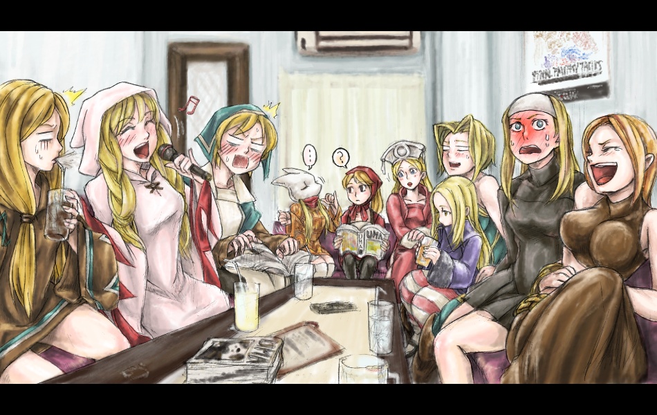 koume-i, black mage (fft), black mage (final fantasy), chemist (fft), dancer (fft), geomancer (fft), mime (fft), monk (fft), ninja (fft), orator (fft), squire (fft), white mage (fft), white mage (final fantasy), final fantasy, final fantasy tactics, black mage, white mage, 6+girls, blonde hair, blue eyes, blush, book, brown hair, closed eyes, drink, drunk, glass, karaoke, laughing, long hair, microphone, multiple girls, music, short hair, singing