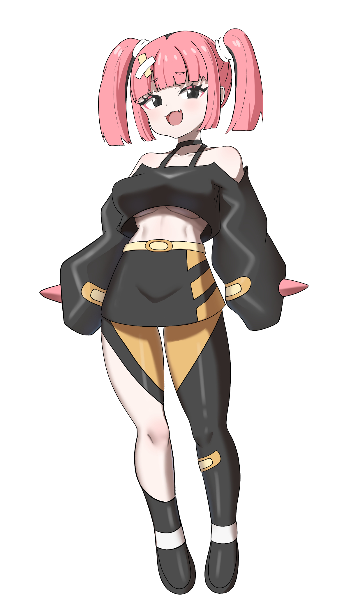 runate, coral (pokemon), nintendo, pokemon, highres, bandaid, bandaid hair ornament, bandaid on head, belt, breasts, eyelashes, eyeliner, fang, hair ornament, mesugaki, off-shoulder shirt, off shoulder, pink eyeliner, pink hair, shirt, sleeves past fingers, sleeves past wrists, twintails, underboob, yellow belt
