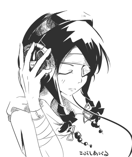 aki toshi, kobushi abiru, sayonara zetsubou sensei, 00s, bandages, bow, closed eyes, eyepatch, greyscale, headphones, monochrome