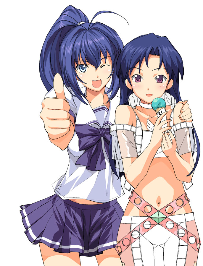 a1 (initial-g), hayase mitsuki, kisaragi chihaya, idolmaster, idolmaster (classic), kimi ga nozomu eien, 00s, blue eyes, blue hair, cosmic & funny (idolmaster), crossover, food, ice cream, long hair, midriff, one eye closed, ponytail, purple eyes, school uniform, serafuku, wink
