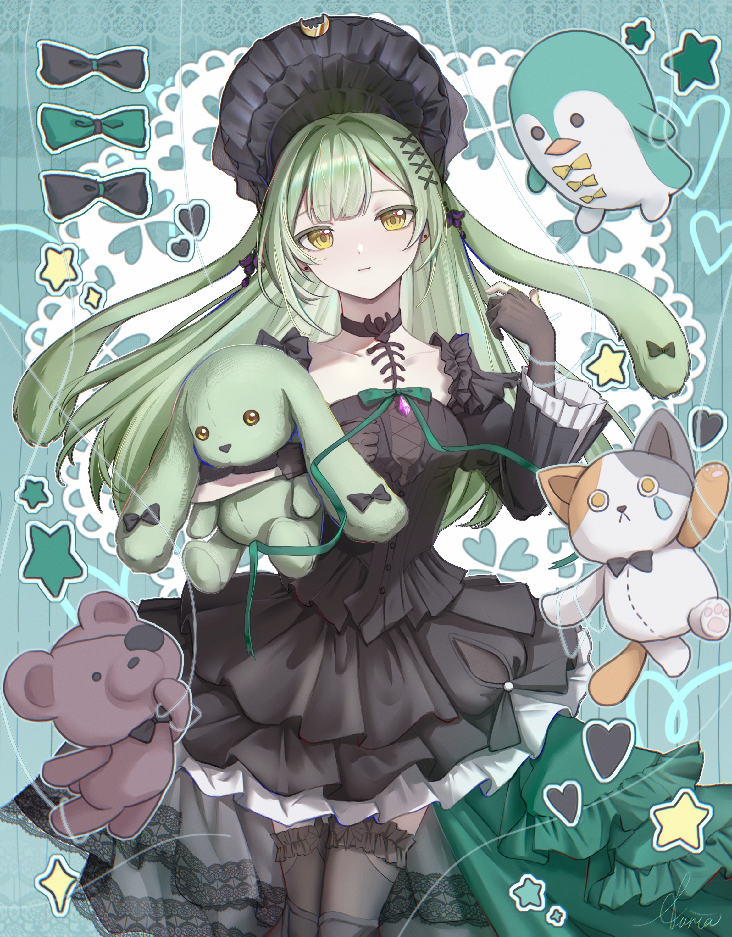 auria, wakaba mutsumi, wakaba mutsumi (marionette's id), arknights, bang dream!, bang dream! it's mygo!!!!!, absurdres, chinese commentary, commentary request, highres, 1girl, animal ears, black bonnet, black choker, black dress, black gloves, black thighhighs, bonnet, choker, dress, eyepatch, feet out of frame, floppy ears, frilled dress, frills, gloves, gothic lolita, green hair, hair ornament, holding, holding stuffed toy, lolita fashion, long hair, long sleeves, looking at viewer, rabbit ears, rabbit girl, sidelocks, solo, standing, stuffed animal, stuffed cat, stuffed penguin, stuffed rabbit, stuffed toy, teddy bear, thighhighs, x hair ornament, yellow eyes