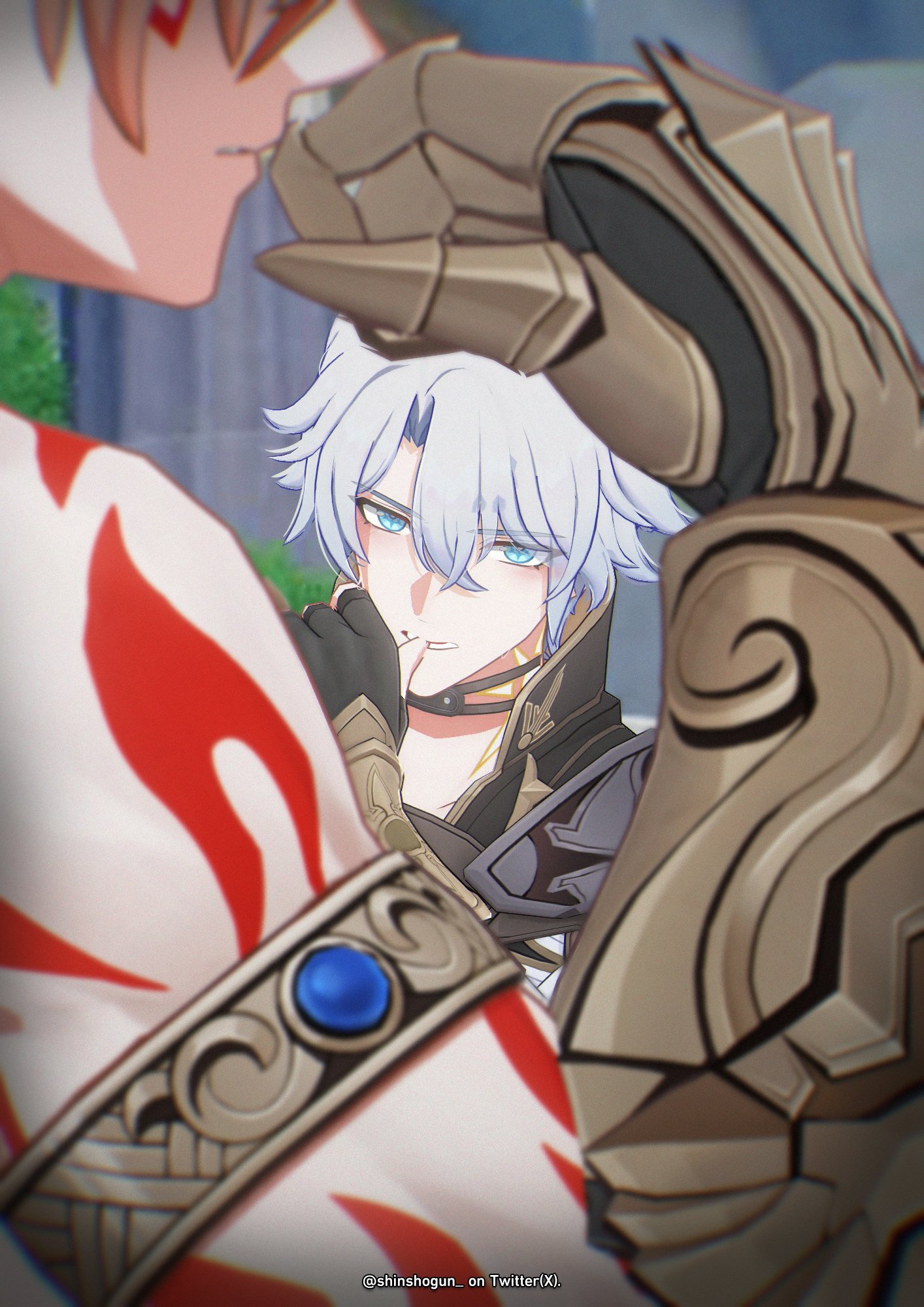 shinshogun, mydei (honkai: star rail), phainon (honkai: star rail), honkai: star rail, honkai (series), highres, 2boys, armlet, biceps, blonde hair, blue eyes, clawed gauntlets, closed mouth, facial tattoo, hair between eyes, jewelry, looking at another, male focus, multiple boys, red tattoo, short hair, tattoo, teeth, thumb to mouth, twitter username, white hair