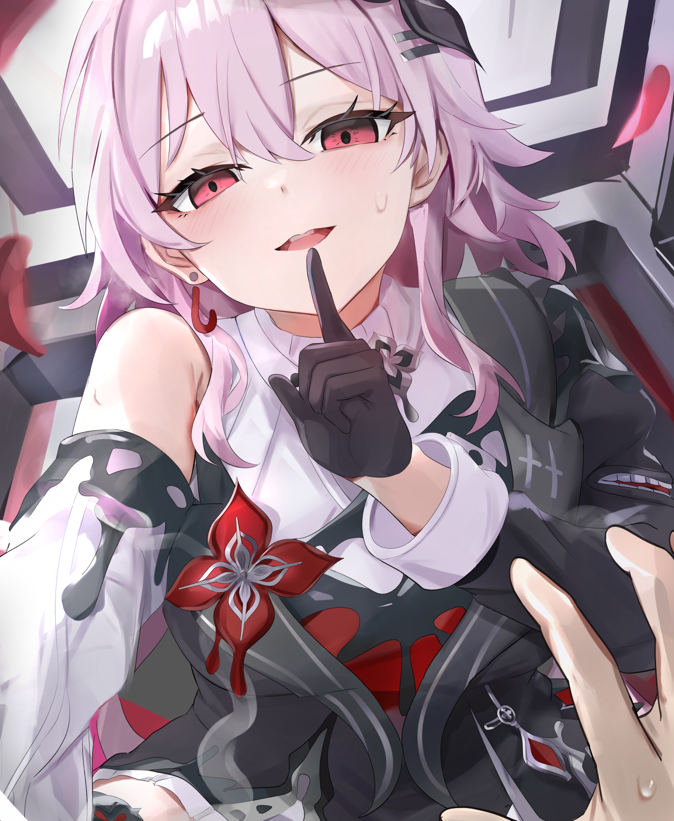 tomas (kaosu22), evernight (honkai: star rail), march 7th (honkai: star rail), honkai: star rail, honkai (series), commentary request, highres, paid reward available, 1girl, assertive female, black dress, black gloves, detached sleeves, dress, empty eyes, finger to mouth, flower, gloves, hair between eyes, leaning forward, looking at viewer, lying, nervous sweating, on back, petals, pink hair, pinned, pov, red eyes, red flower, short hair, single detached sleeve, sweat, white sleeves