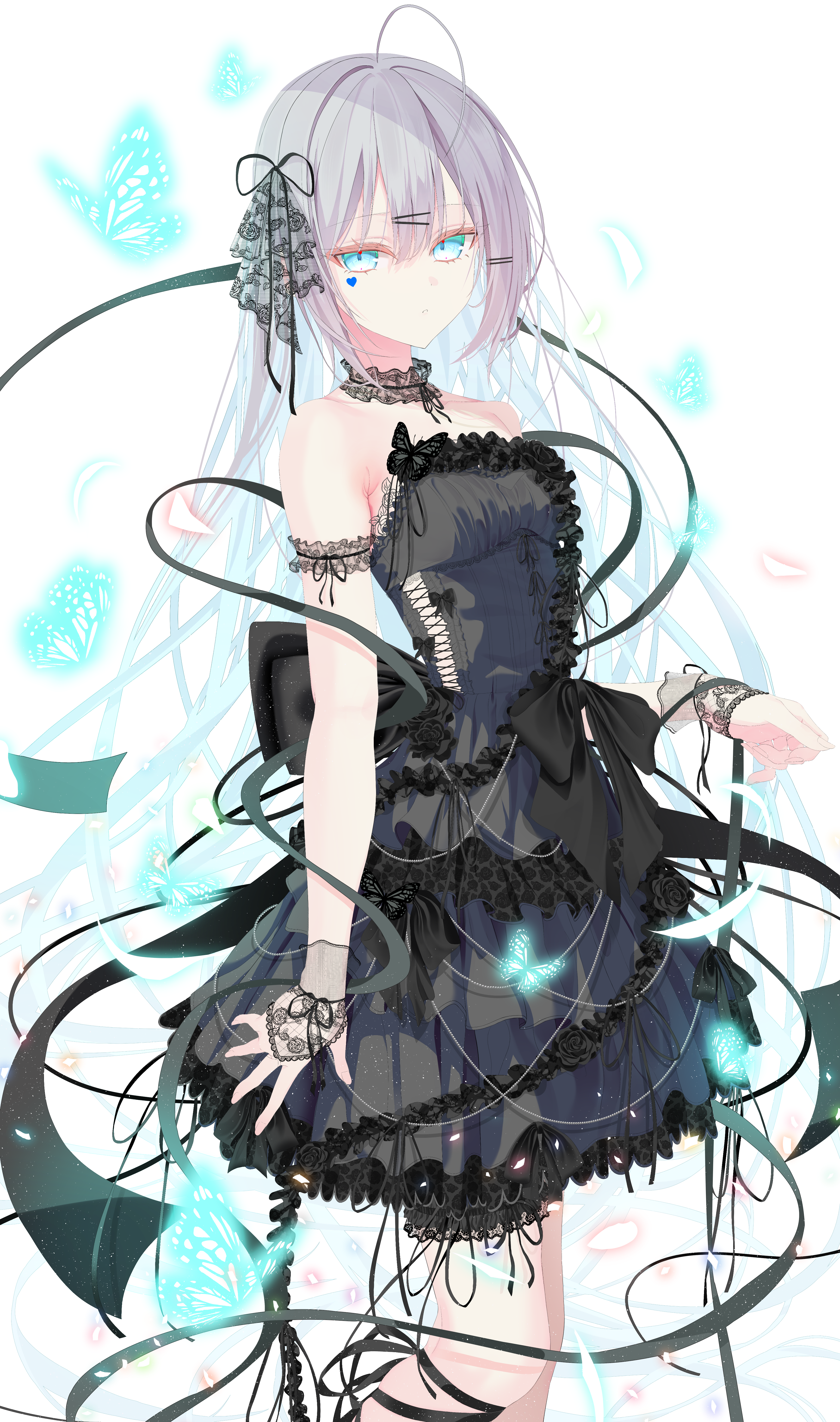 sajin (user pvrm4582), original, absurdres, highres, 1girl, ahoge, aqua eyes, black dress, black ribbon, blue butterfly, breasts, bug, butterfly, closed mouth, dress, facial mark, frilled dress, frills, grey hair, hair ornament, hair ribbon, hairclip, heart, heart facial mark, insect, lace armband, lace collar, long hair, looking at viewer, ribbon, simple background, small breasts, solo, thighs, white background