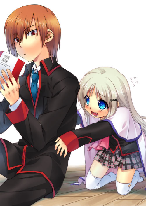 satomi yoshitaka, natsume kyousuke, noumi kudryavka, little busters!, silver hair, blue eyes, cape, fang, long hair, plaid clothes, plaid skirt, school uniform, serafuku, skirt, sweatdrop, thighhighs