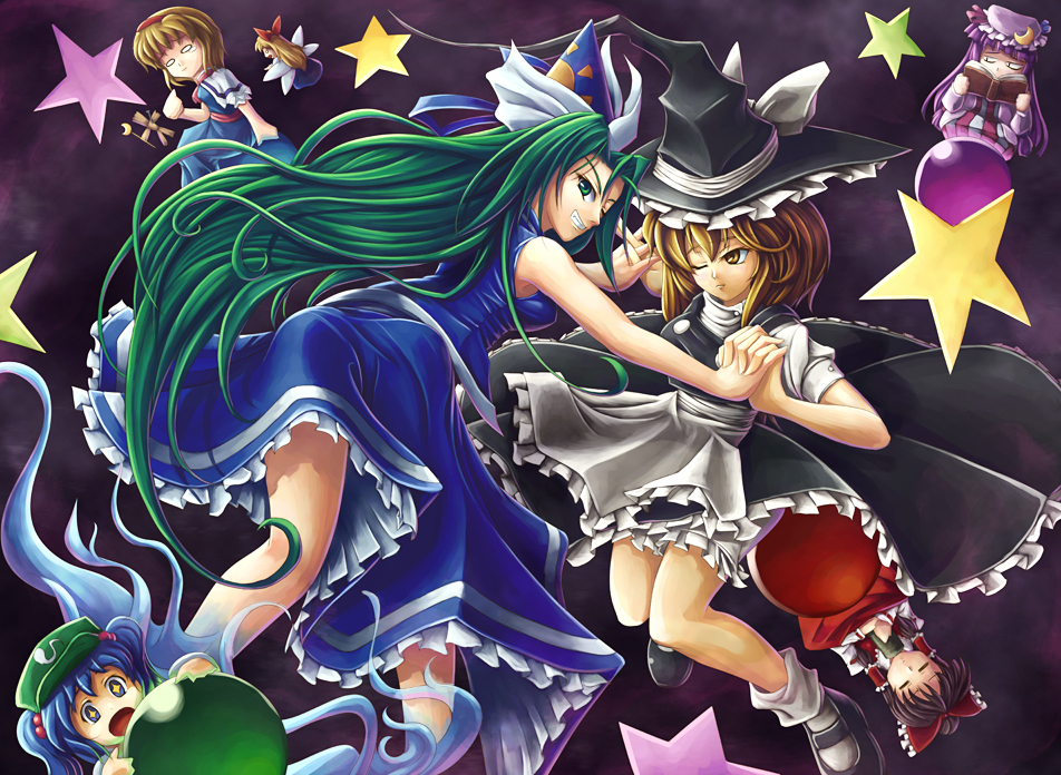 koto tsubane, alice margatroid, hakurei reimu, kawashiro nitori, kirisame marisa, mima (touhou), patchouli knowledge, shanghai doll, touhou, touhou (pc-98), 6+girls, blonde hair, blue hair, book, female focus, green hair, hat, holding hands, multiple girls, purple hair, star (symbol), voodoo doll, witch, witch hat, wizard hat