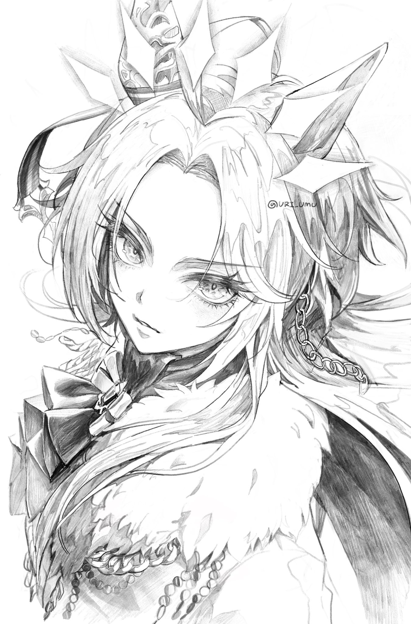 orfevre (umamusume), umamusume, highres, 1girl, ahoge, animal ears, ascot, bow, chain, diamond (shape), diamond halo, ear bow, ear covers, ear ornament, horse ears, horse girl, long hair, looking at viewer, orfevre (control) (umamusume), single ear cover, uri umu
