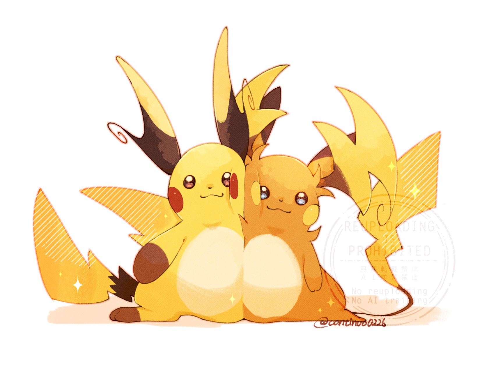 continuo0226, mega raichu x, mega raichu y, raichu, nintendo, pokemon, highres, :3, blue eyes, brown eyes, cheek-to-cheek, closed mouth, full body, gen 1 pokemon, heads together, mega pokemon, multiple tails, no humans, orange fur, pokemon (creature), pokemon focus, simple background, tail, very long ears, very long tail, yellow fur