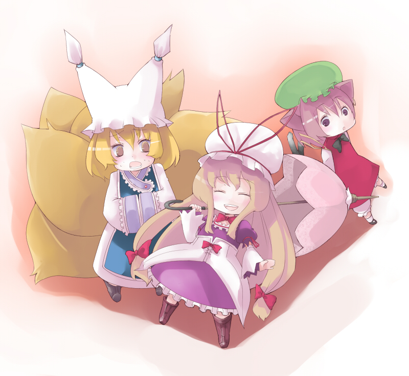numako, chen, yakumo ran, yakumo yukari, touhou, bad id, bad pixiv id, 3girls, animal ears, animal hat, blonde hair, brown eyes, brown hair, cat ears, cat girl, cat tail, chibi, closed eyes, female focus, fox tail, full body, hands in opposite sleeves, hat, long sleeves, mob cap, multiple girls, multiple tails, short hair, sleeping, tail, tassel, umbrella, wide sleeves
