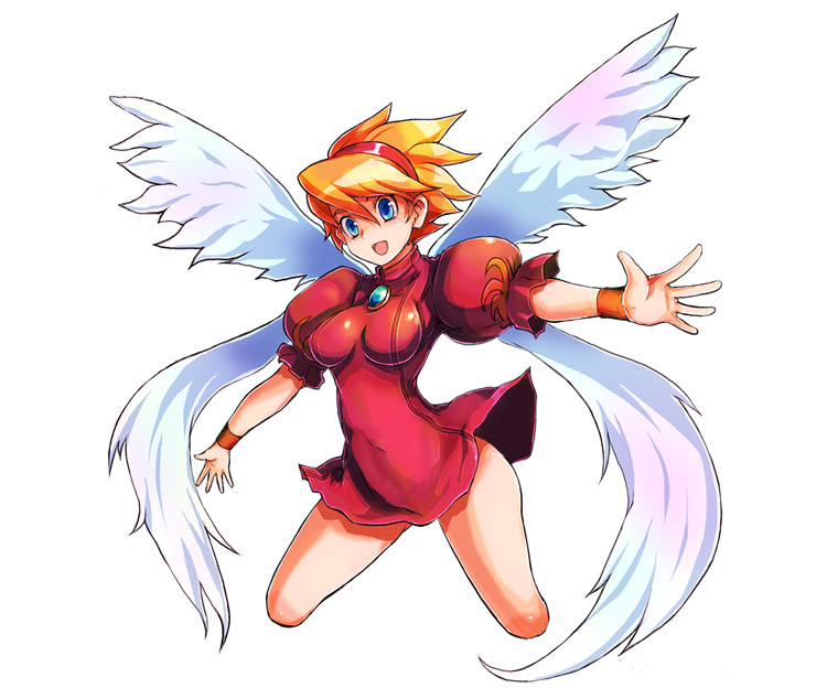 kara (color), nina (breath of fire iii), breath of fire, breath of fire iii, 1girl, armband, blonde hair, blue eyes, cropped legs, fantasy, female focus, hairband, short hair, solo, white wings, wings