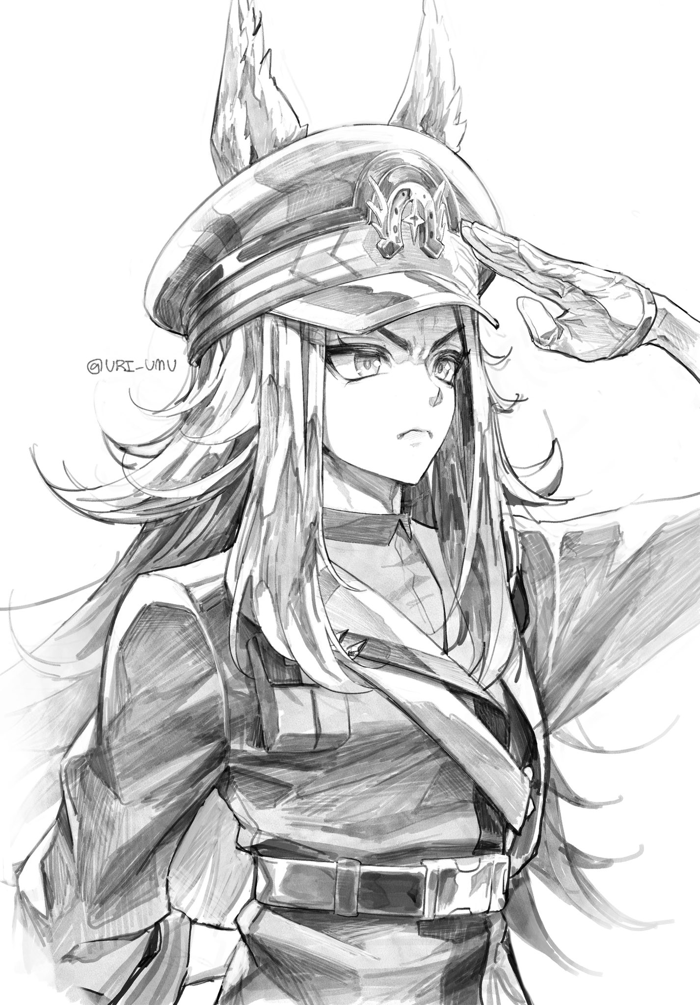 fenomeno (umamusume), umamusume, highres, animal ears, arm behind back, belt, collar, ears through headwear, flipped hair, glaring, hat, horse ears, horse girl, horseshoe hat ornament, horseshoe ornament, horseshoe print, military uniform, monochrome, peaked cap, pillbox hat, salute, striped hat, uri umu